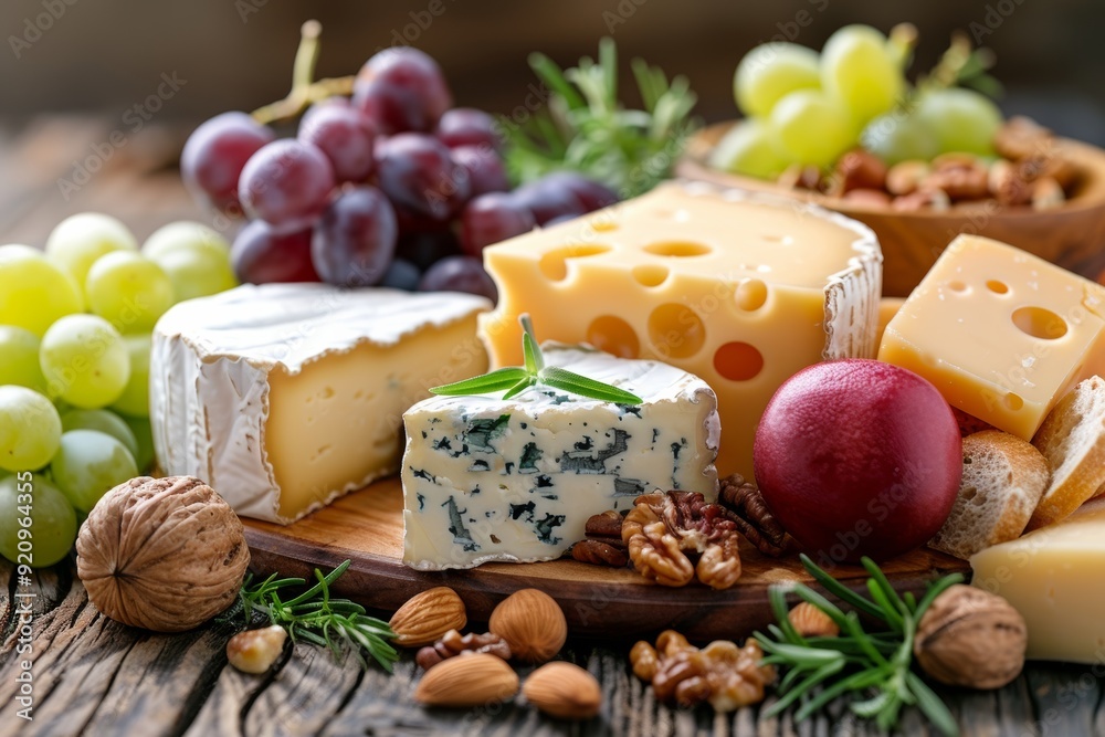 Selection of cheeses, nuts, and grapes on a wooden board Selection of cheeses, nuts, and grapes on a wooden board