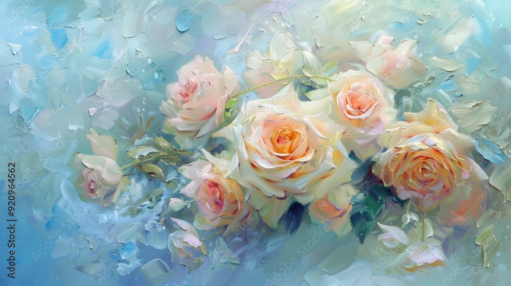 Elegant Textured Oil Painting of Blooming Roses on Canvas Elegant Textured Oil Painting of Blooming Roses on Canvas
