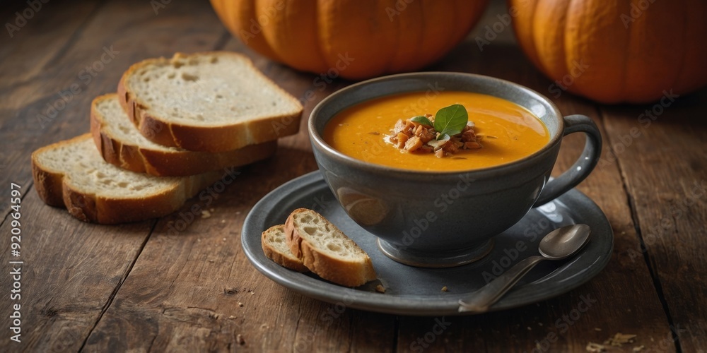Pumpkin soup on a wooden table with slices of bread. Pumpkin soup on a wooden table with slices of bread.