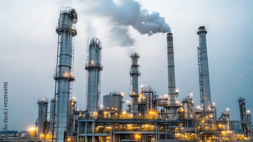 The oil refinery stands tall at dusk, with smoke billowing from chimneys and glowing lights piercing the dark, cloudy sky, reflecting industrial solitude The oil refinery stands tall at dusk, with smoke billowing from chimneys and glowing lights piercing the dark, cloudy sky, reflecting industrial solitude