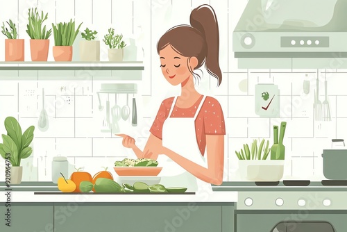 Woman in kitchen preparing a healthy meal.