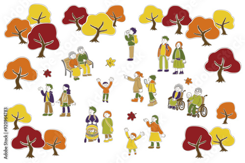 紅葉を楽しむ多世代の人々のゆるいイラスト（セット）
