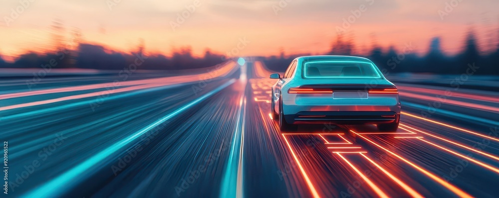 An AIpowered selfdriving car on a futuristic highway, with glowing paths indicating its route, symbolizing autonomous transportation
