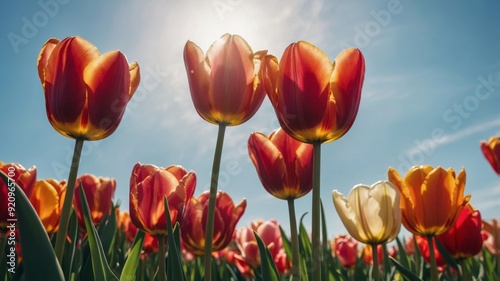 Floral spring wallpaper using colorful tulips & a clear blue sunny sky in the background The concept of spring, nature, beauty.