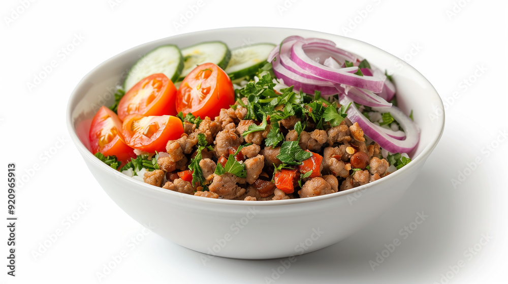 A bowl of fresh, healthy salad featuring chopped lettuce, cherry tomatoes, red onions, and minced meat, beautifully presented in a white bowl. A bowl of fresh, healthy salad featuring chopped lettuce, cherry tomatoes, red onions, and minced meat, beautifully presented in a white bowl.