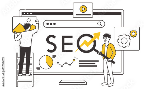 SEO、アクセス解析、売り上げアップなどに使える　グラフや動画などを指すビジネスパーソン男性イラスト