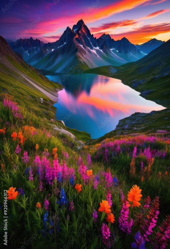 Fototapeta premium breathtaking vibrant sunset over untouched mountain landscape showcasing rich colors natural beauty, nature, sky, clouds, orange, pink, purple, yellow, blue