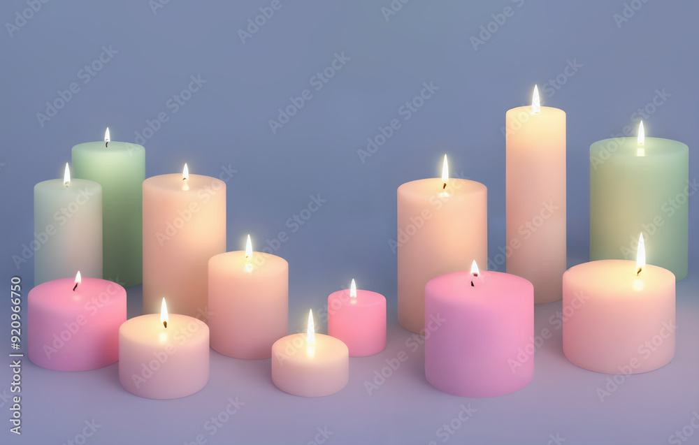 A collection of various lit wax candles of different sizes and colors. 3d illustration render. Warm and calming ambiance. Pastel colors. A collection of various lit wax candles of different sizes and colors. 3d illustration render. Warm and calming ambiance. Pastel colors.