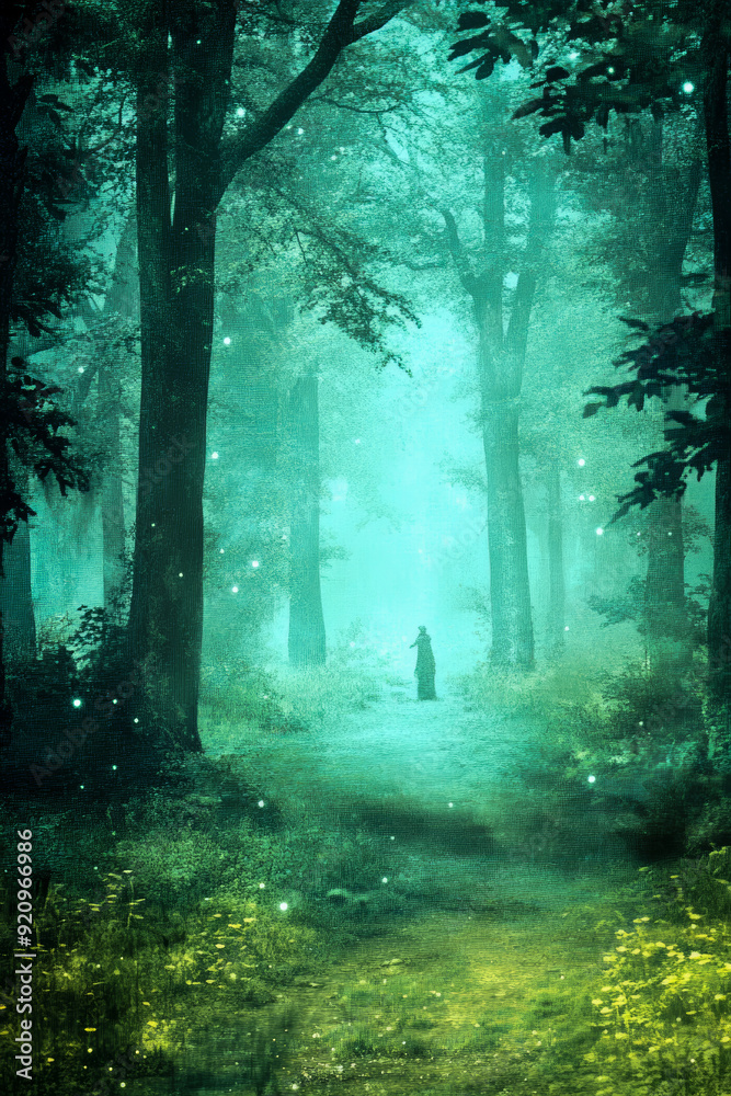 Fantasy Forest. Generated image. A digital illustration of a painting of a fantasy forest with a mysterious figure walking along a path. Fantasy Forest. Generated image. A digital illustration of a painting of a fantasy forest with a mysterious figure walking along a path.