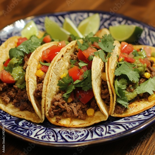 Delicious Mexican Tacos with Ground Beef, Corn, Tomatoes, Guacamole, and Cilantro