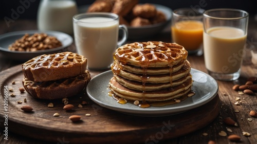 A variety of buckwheat flourbased baked goods including pancakes waffles as well as bread neatly arranged on a plate beside a glass of almond milk. photo