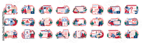 Bundle of red concepts with people scene in flat cartoon design. Career, social media, planing, traveling and many other topics are depicted in this collection. Vector illustration.