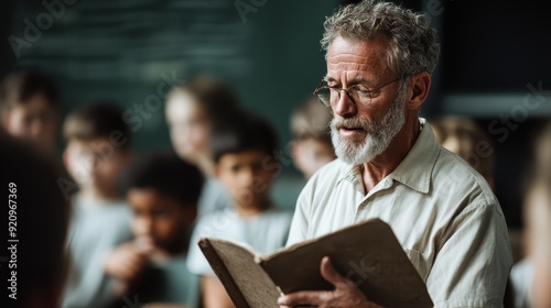 An elderly man with glasses and a beard is reading from a book to a group of attentive children in a classroom. They are engaged and listening closely. photo