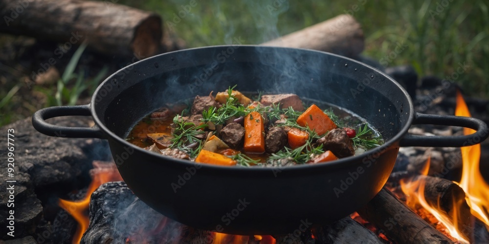 A pot simmering over a campfire filled with a hearty stew featuring foraged wild herbs.