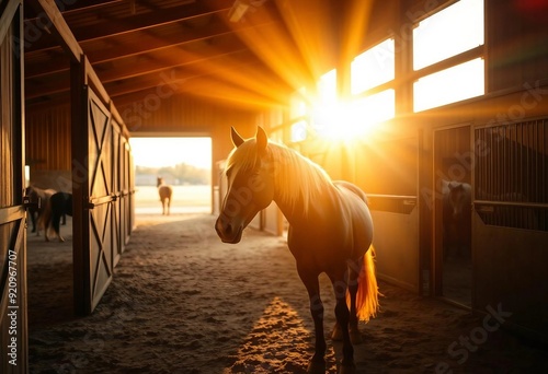 Racehorse stands alone on a horse farm with an open back gate at sunset. photo