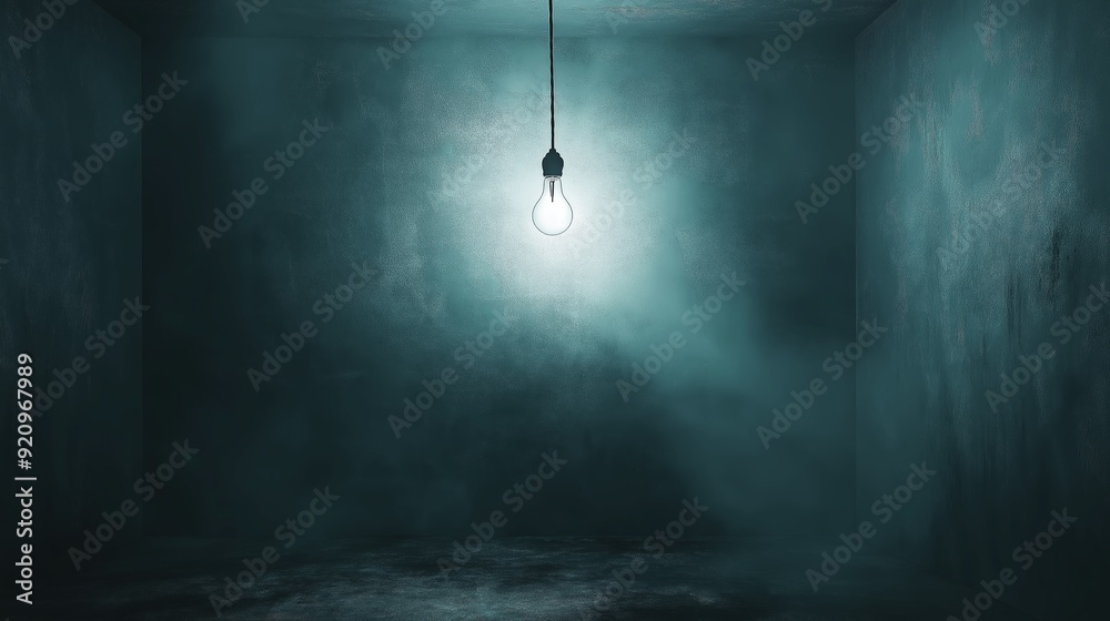 Eerie Atmosphere with Single Light Bulb in Dimly Lit Room, Sparse Furnishings, and Foggy Ambiance Evoking Mystery and Intrigue Eerie Atmosphere with Single Light Bulb in Dimly Lit Room, Sparse Furnishings, and Foggy Ambiance Evoking Mystery and Intrigue