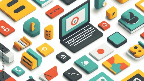 Colorful 3D Icons Representing Social Media and Technology.