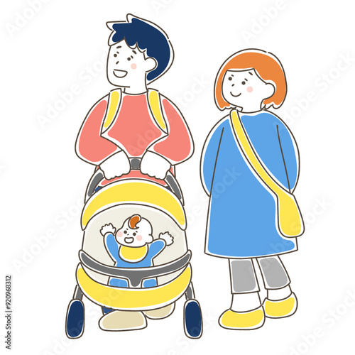 散歩中に上を見上げる赤ちゃん連れ夫婦のゆるいイラスト
