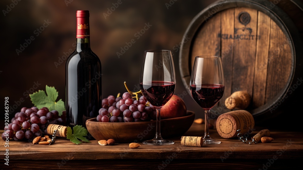 Obraz premium Winery. Wine production. Bottle and glasses of wine with bunch of grapes, leaves and cork, on wooden table, copy space. Wine advertising. Alcohol. Alcoholic drink. Still life.