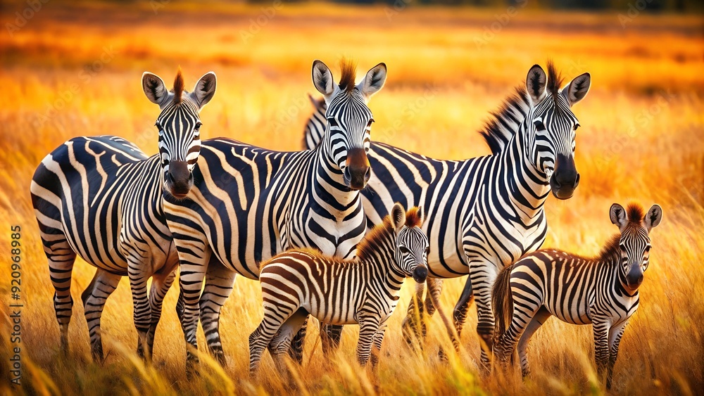 Fototapeta premium Generative Art: Zebra Family in the African Savannah AI Generated