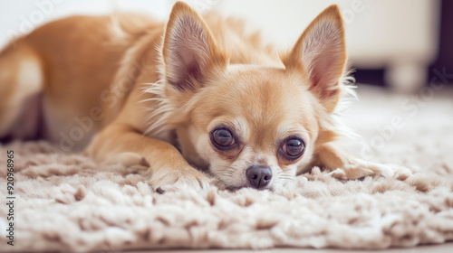 Cachorro Chihuahua deitado em tapete macio. Retrato fofo de um cachorro brincalhão em um ambiente doméstico aconchegante. Raça pequena adorável com expressão única