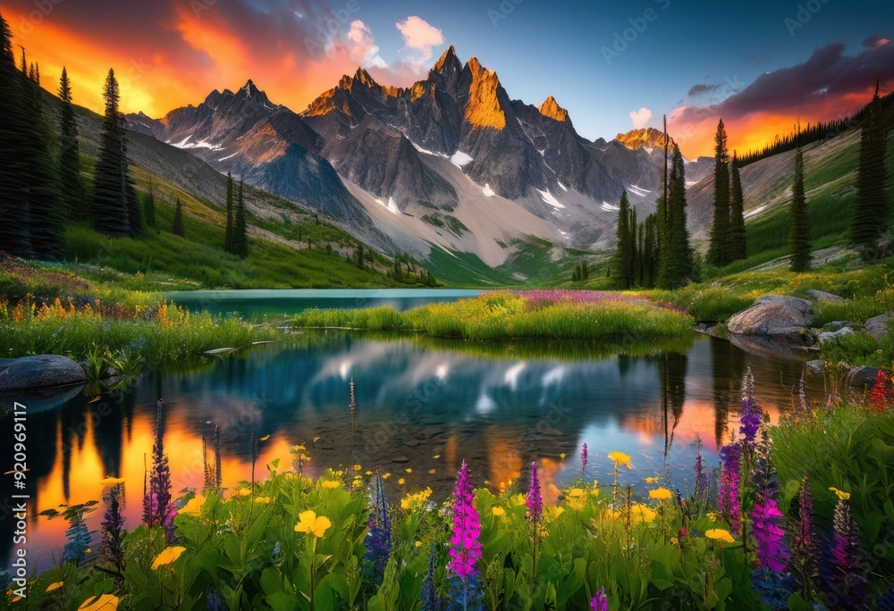 Fototapeta premium stunning landscapes showcasing vibrant natural beauty lush majestic colorful skies, nature, scenery, mountain, forest, sky, clouds, view, park, river