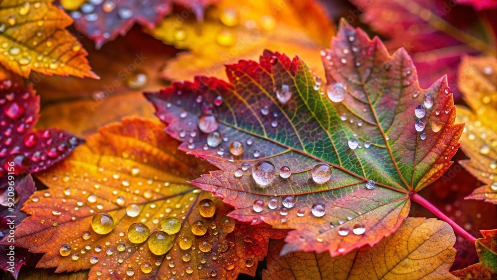 Fototapeta premium Autumnal Symphony: A Tapestry of Vibrant Leaves with Dew Drops Generative AI