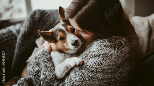 Cão e mulher se abraçando: um momento emocionante de afeição por animais de estimação. A alegria dos animais de companhia capturada em um ambiente aconchegante e estiloso photo