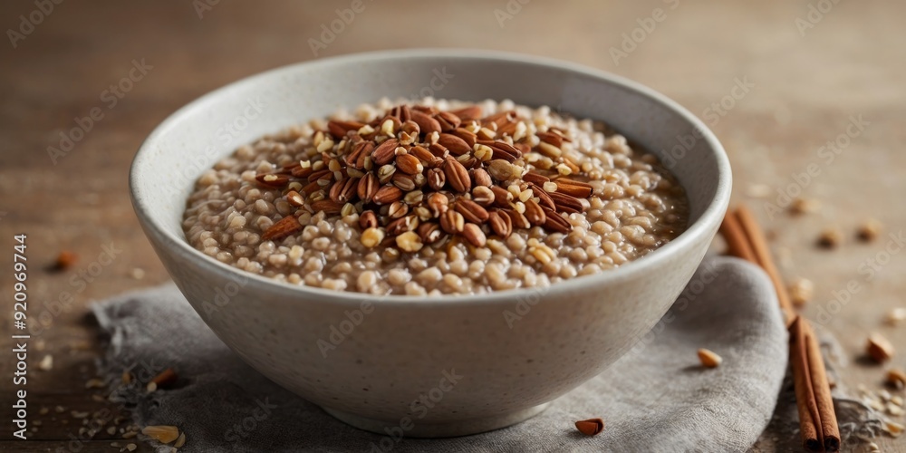 A warm and comforting bowl of buckwheat porridge sweetened with honey and sprinkled with cinnamon. A warm and comforting bowl of buckwheat porridge sweetened with honey and sprinkled with cinnamon.