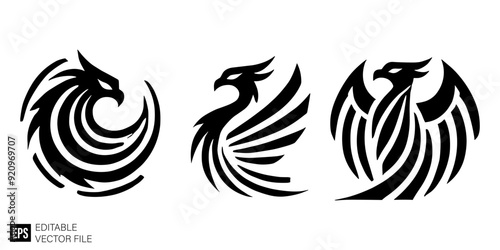 set of phoenix tribal tattoo Illustrations Clip Art  Graphic Design Elements Black and White Vector Silhouette