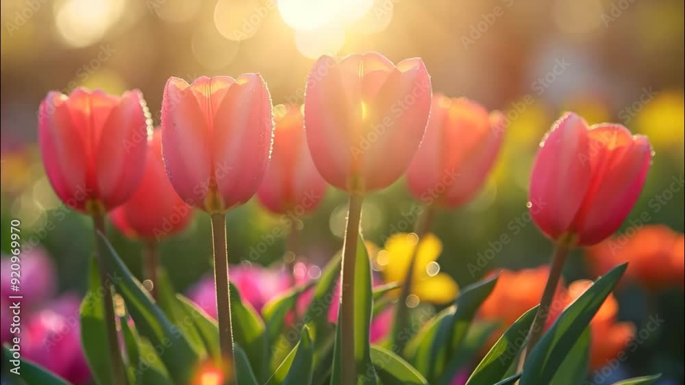 soft light sunlight shine on flower field, close up pink tulip flower swing moving in gentle breeze soft light sunlight shine on flower field, close up pink tulip flower swing moving in gentle breeze