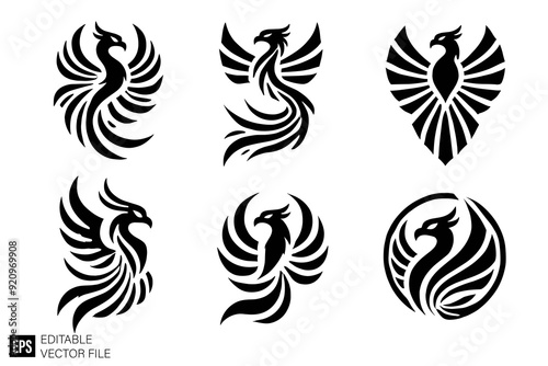 set of phoenix tribal tattoo Illustrations Clip Art  Graphic Design Elements Black and White Vector Silhouette