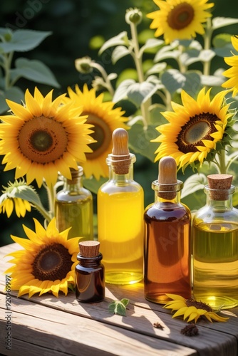 Some herbal oil bottles are placed on a rustic wooden table with many sunflowers, vertical composition