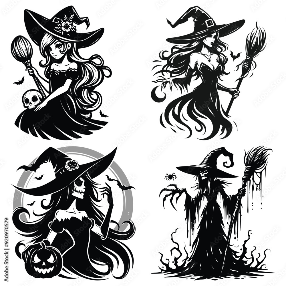 Obraz premium Spooky witch illustrations in black and white, perfect for Halloween decorations and posters