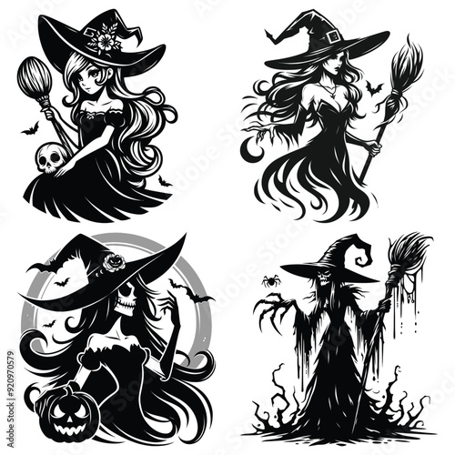 Wallpaper Mural Spooky witch illustrations in black and white, perfect for Halloween decorations and posters Torontodigital.ca