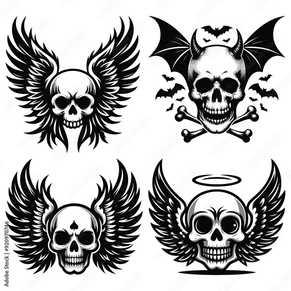 Variety of winged skull designs, black and white, vector art for tattoos, Halloween themes Variety of winged skull designs, black and white, vector art for tattoos, Halloween themes