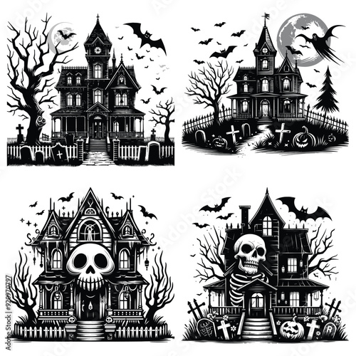 Haunted houses spooky black and white vector art, Halloween themed illustrations, poster design