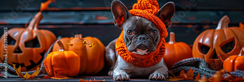 Halloween cute Boston Terrier puppy dog, carved jack-o'-lanterns, pumpkin, banner copy space horizontal photo