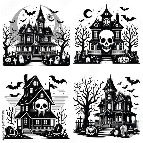 Illustrated haunted houses in black and white, spooky background, Halloween decorations, eerie artwork