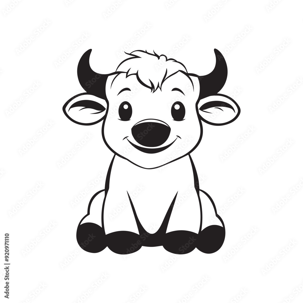 Buffalo Outline Design, Buffalo Clipart, Cute Baby Buffalo illustration in black and white Buffalo Outline Design, Buffalo Clipart, Cute Baby Buffalo illustration in black and white