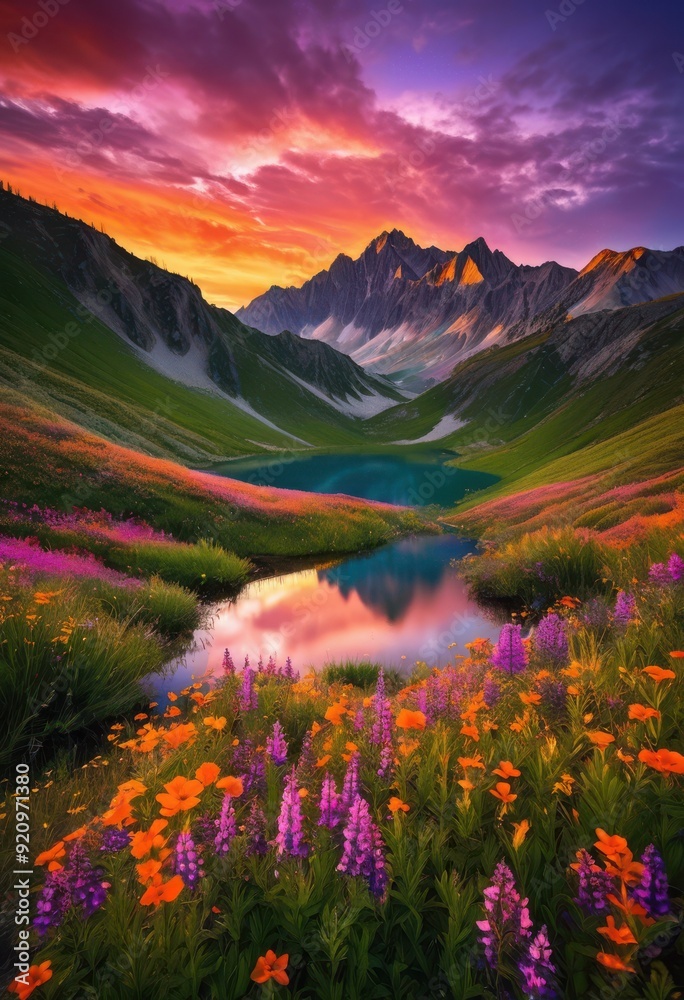 Obraz premium stunning landscapes showcasing vibrant sunset hues majestic lush serene lakes under colorful sky, colors, mountains, valleys, scenery, nature, beauty, view