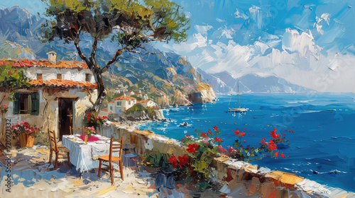 Small restaurant on the Mediterranean Sea, oil painting style, summer seascape