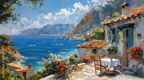 Small restaurant on the Mediterranean Sea, oil painting style, summer seascape