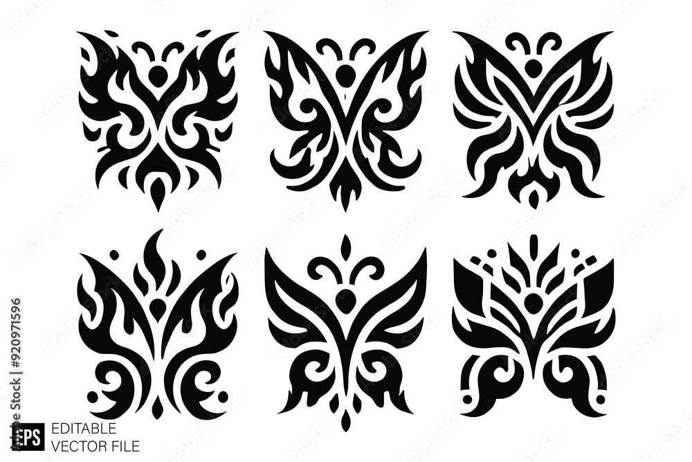 Obraz premium tribal flame butterfly tattoo Illustrations Clip Art Graphic Design Elements Black and White Vector Silhouette