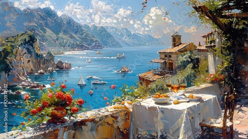 Small restaurant on the Mediterranean Sea, oil painting style, summer seascape