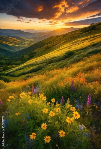 vibrant landscape showcasing untouched natural beauty lush rolling breathtaking pristine elements nature, greenery, hills, sky, clouds, trees, flowers