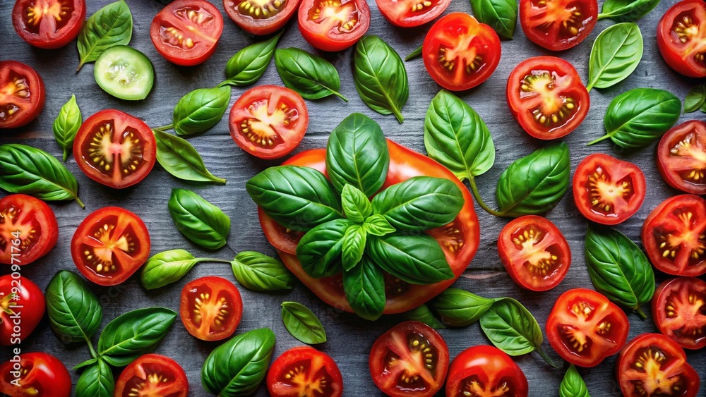 Fototapeta premium Vibrant Hues and Fresh Aromas: Capturing the Essence of Tomato and Basil AI Generated