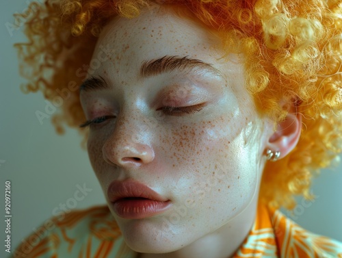 Captivating Close up Portrait of Albino Model with Curly Fiery Hair and Flawless Skin photo