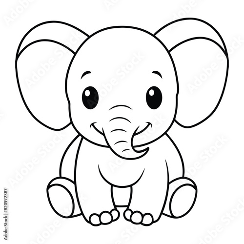 Elephant Outline Design, Elephant Clipart, Cute Baby Elephant illustration in black and white 