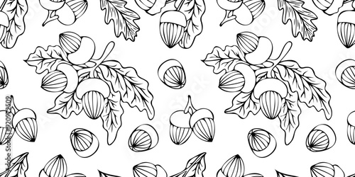 Vector seamless pattern with outlines of acorns in doodle style. Line art autumn background. Thanksgiving design. Concept of forest, leaf fall, nature.
